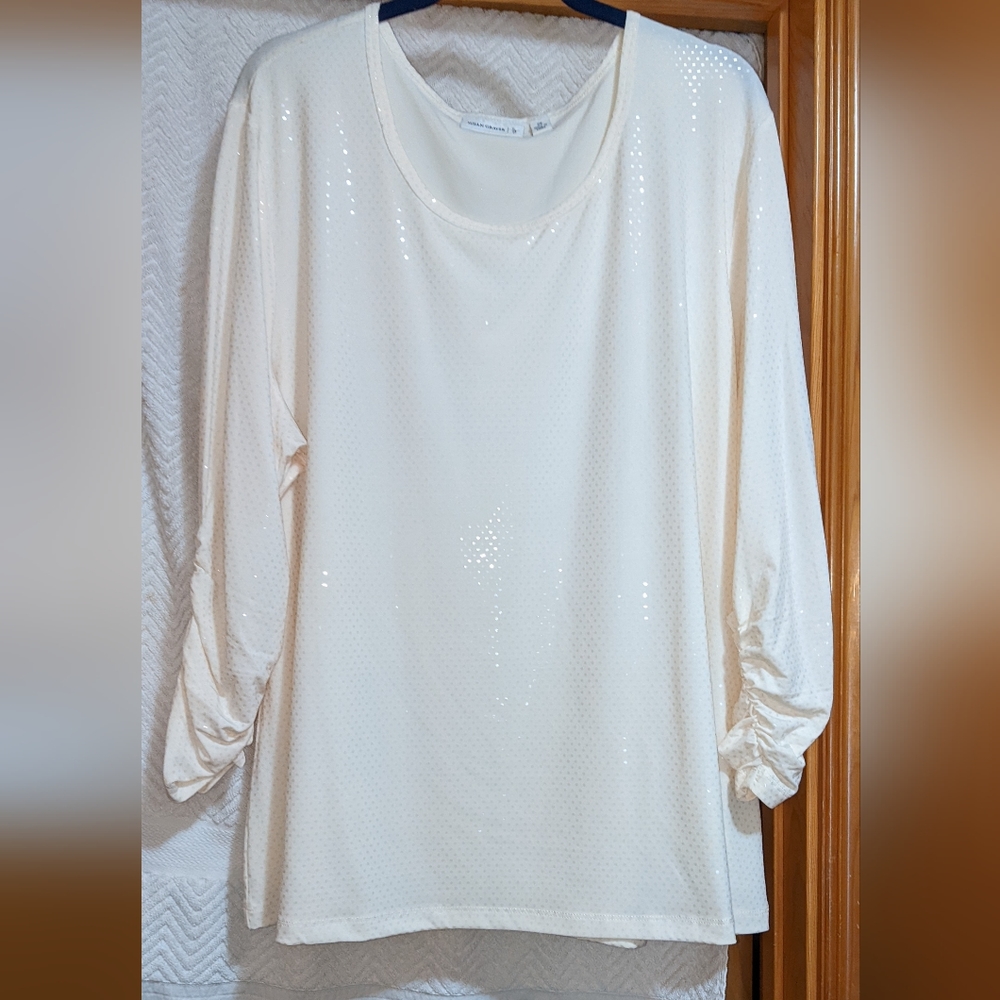 Cream colored sparkly top. Also a blue one.